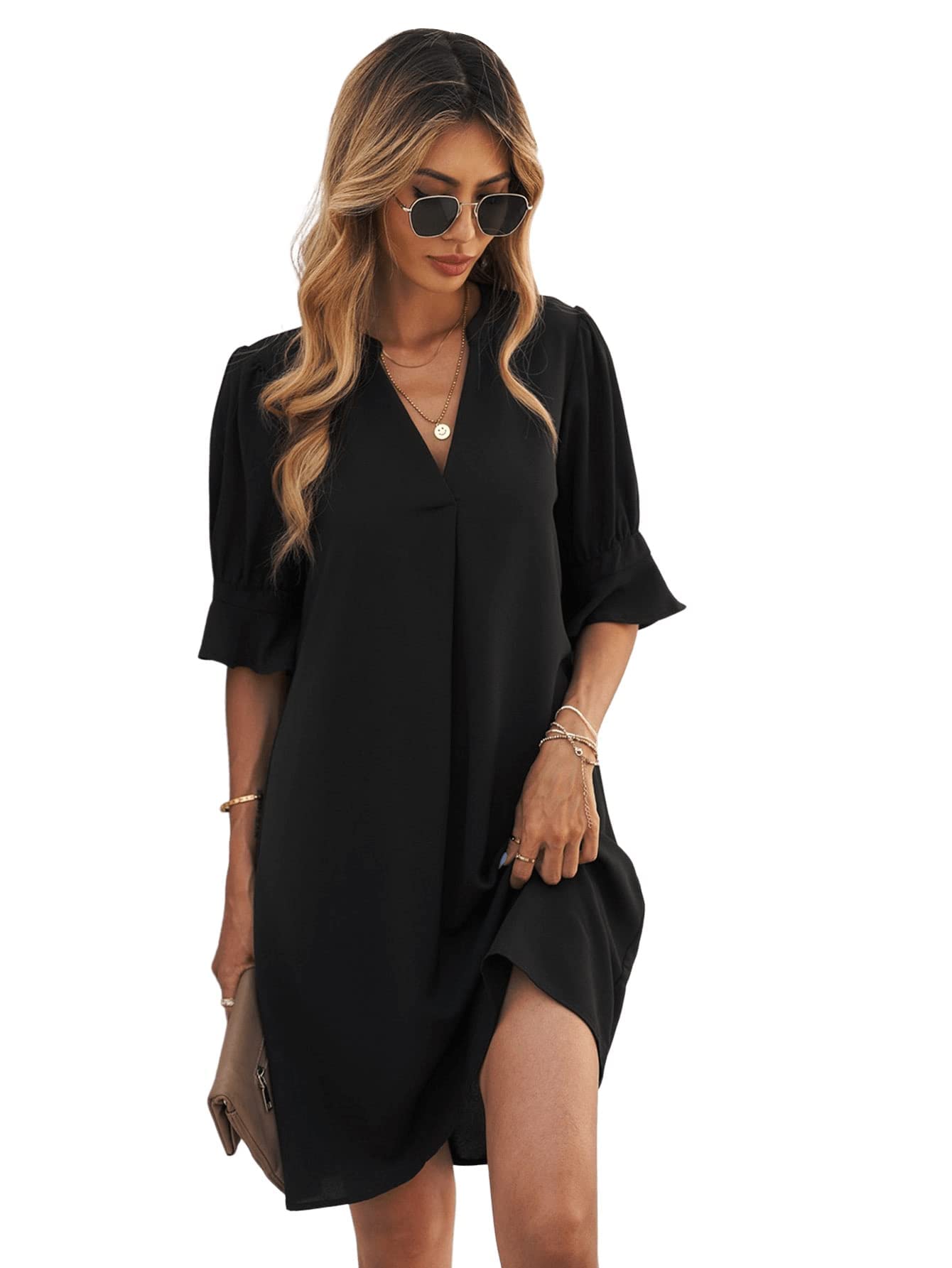 Famulily Abito corto da donna con scollo a V a mezza manica elegante estivo casual tinta unita S-XXL