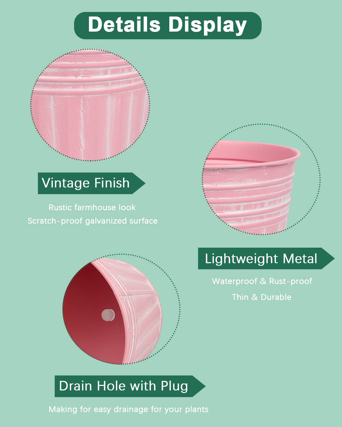 vensovo 6 Inch Pink Metal Rustic Flower Pots - 6Pcs Medium Galvanized Planters with Drainage Hole and Rubber Plug, Rustproof Metal Bucket Plant Pots Farmhouse Vintage Style for Decor