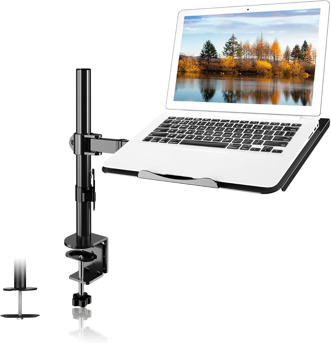 Single Laptop Notebook Desk Mount with Tray for 13-27 inch Computer Screen, Fully Adjustable Laptop Desk Arm for Notebook up to 17’’, Weight up to 15.6 lbs