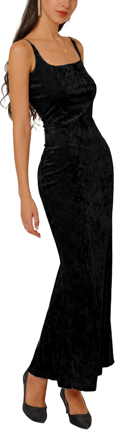 Womens Velvet Adjustable Spaghetti Strap Bodycon Maxi Cocktail Dress Backless Scoop Neck Club Party Long Dresses