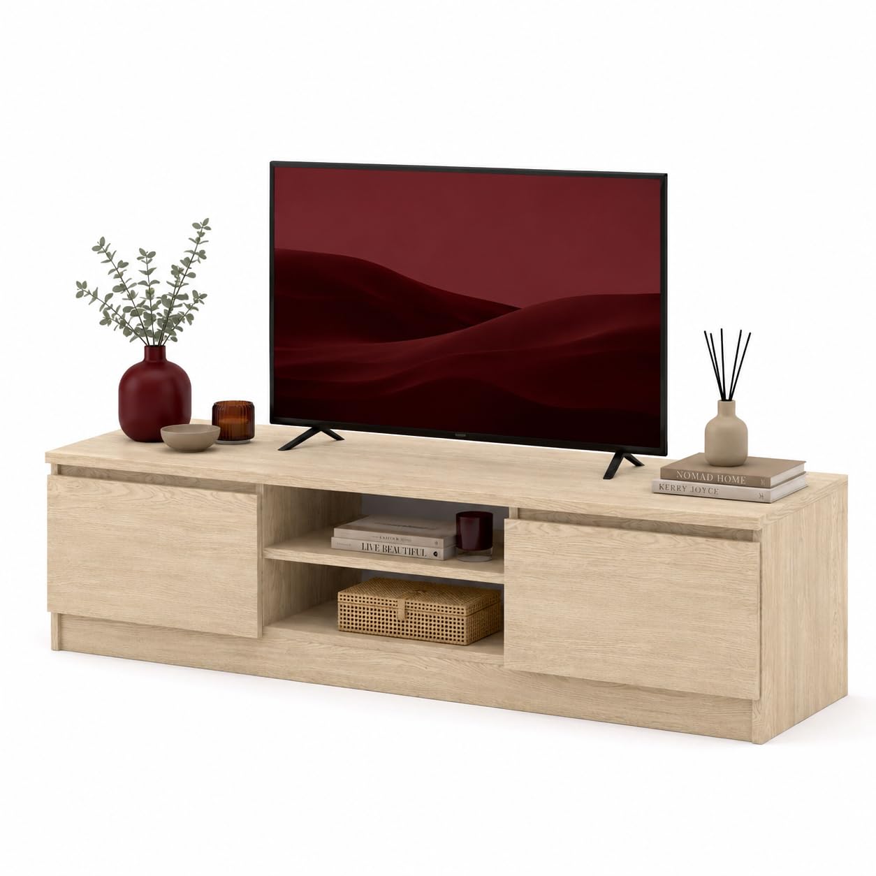 Homlando Mobile TV basso Maja 150 x 40 x 38,5 cm - Mobile TV moderno senza maniglie - 2 ante e 2 scomparti aperti - Mobile TV per soggiorno (rovere cremona)