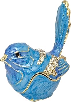 Mini Bird Trinket Box, Vintage Metal Enameled Bird Figurine, Rings Earrings Small Jewelry Box Decorative Hand-Painted Collectible Animal Statue Gift for Girls Women, Blue