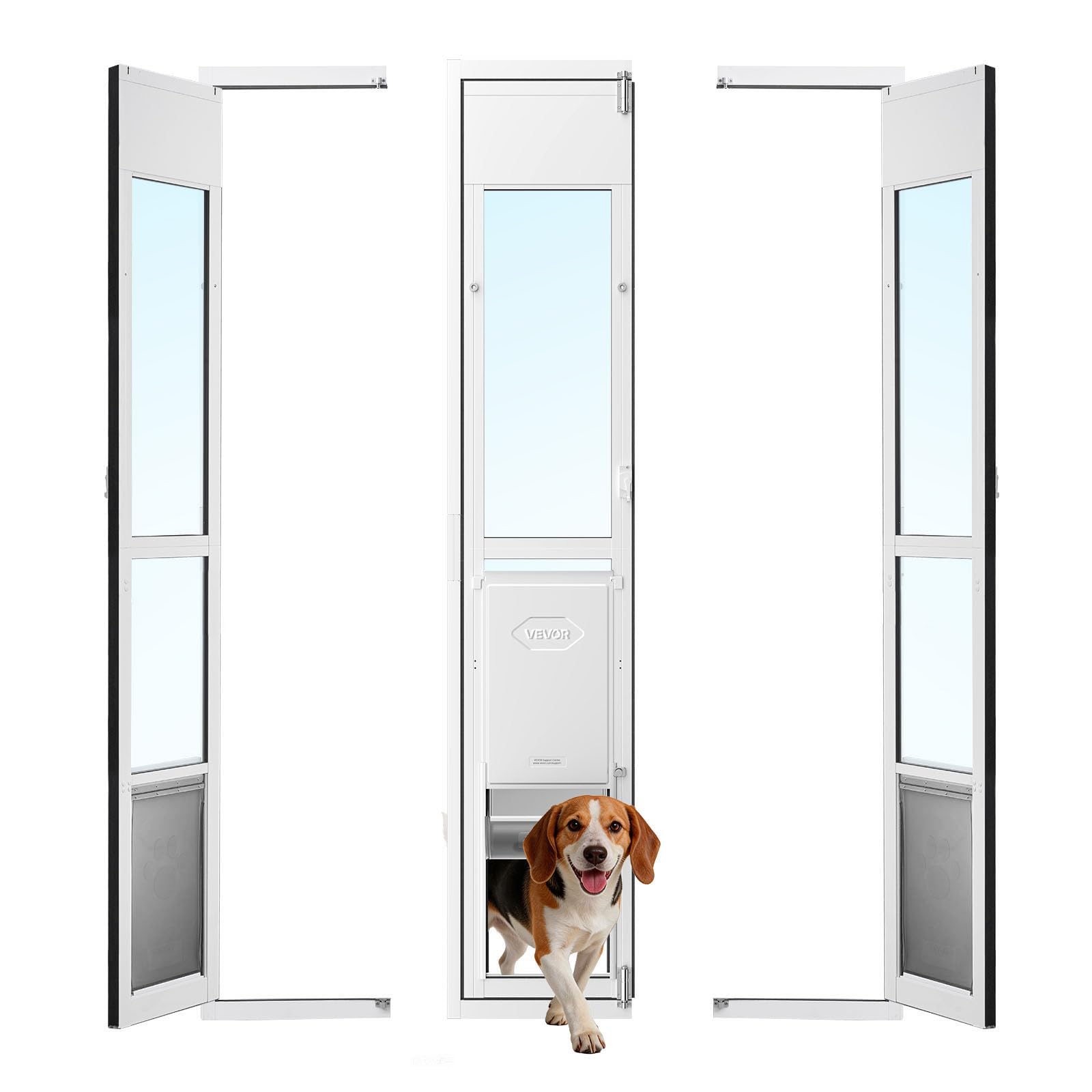 VEVOR Puerta Batiente de Vidrio con Entrada para Perros, Puerta para Mascota 26 x 41,3 cm, Marco de Aleación de Aluminio, Instalación sin taladrar, Compatible con Perros Grandes Gatos, Color Blanco