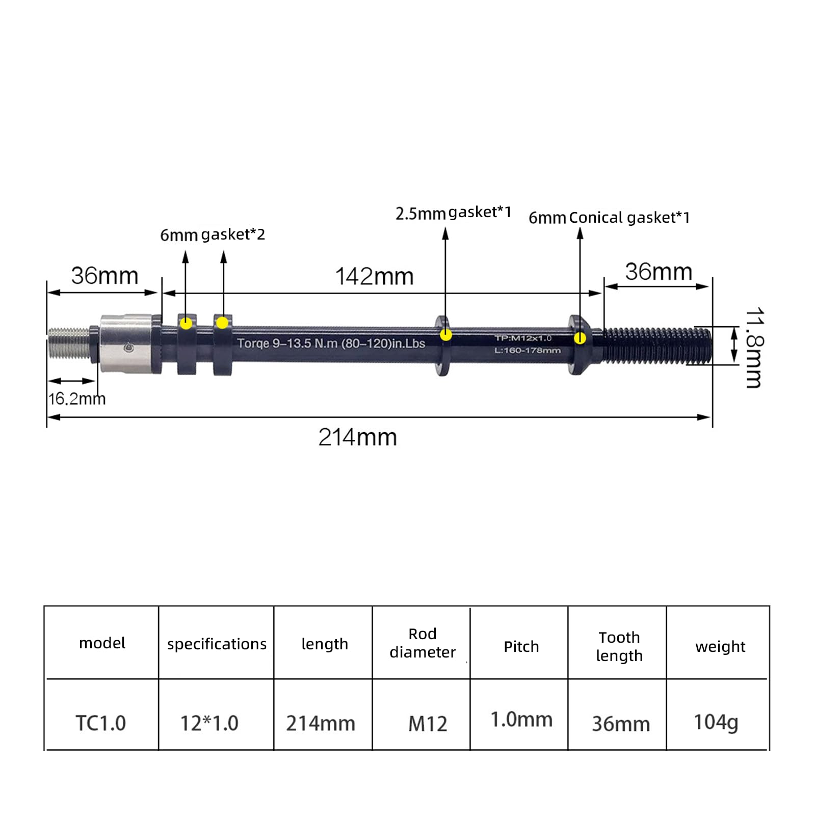 Oś wtykowa przyczepka rowerowa, M12 x 1,0, 160-178 mm, oś wtykowa z adapterem osi rowerowej, sprzęgło do przyczepki rowerowej, oś wtykowa kompatybilna z większością sprzęgieł do przyczep
