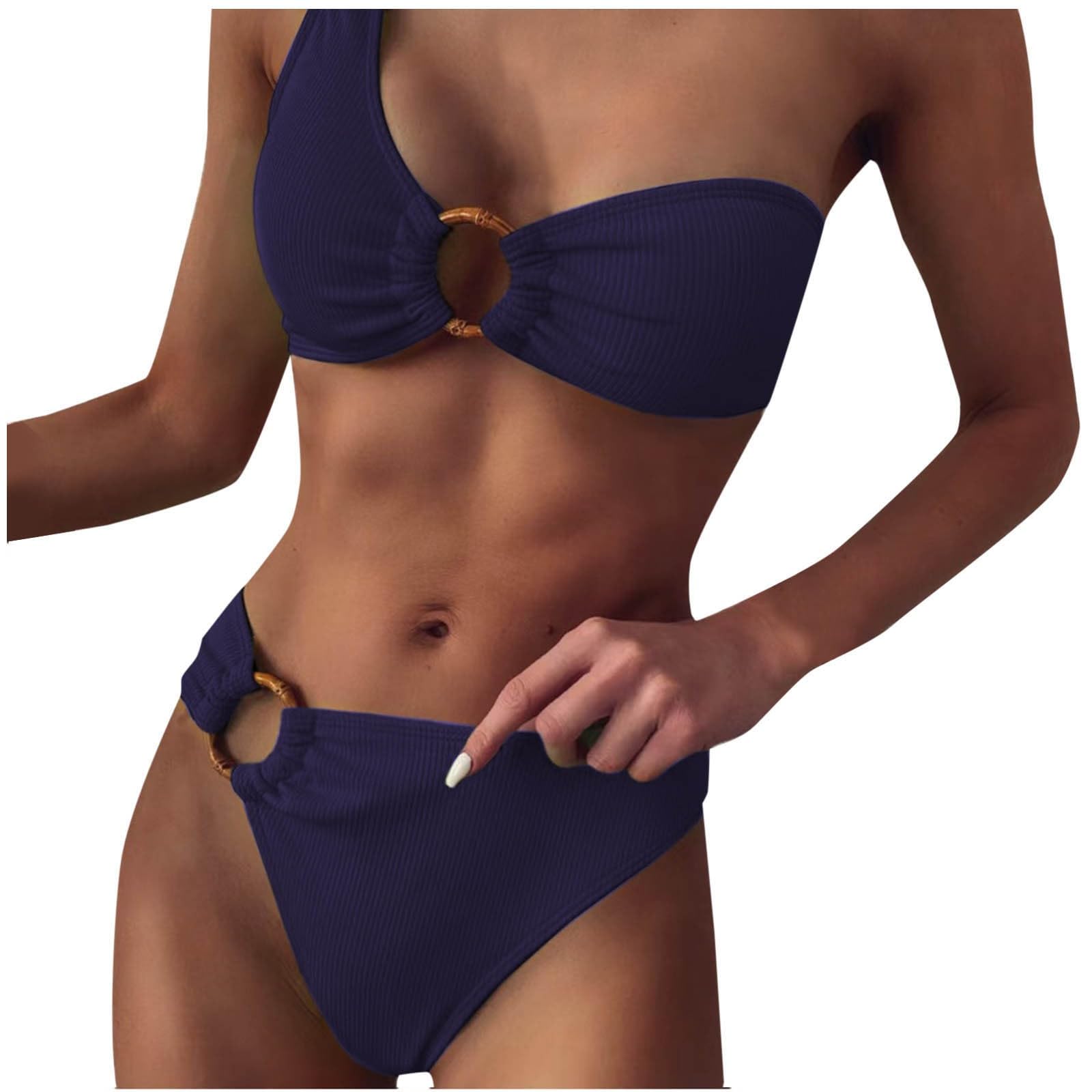 Womens One Shoulder Bikini Two Piece High Waisted Bandeau Swimsuits Tummy Control Full Coverage Swimwear