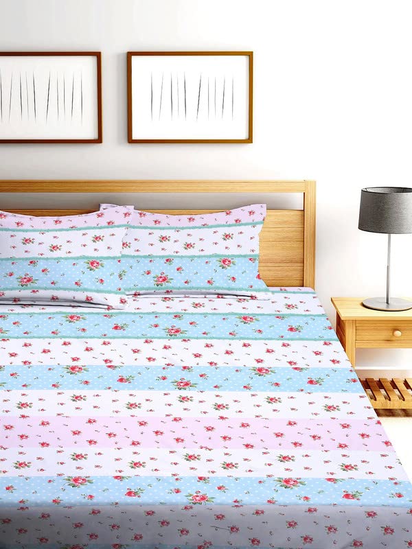 Image of NHD HOME Premium Cotton Elastic Fitted Bedsheets with 2 King Size Pillow Covers | Double Bed with All Around Elastic 220 TC Supersoft | Size - 72 King Sizex78+10 inches | Flower, White Blue & Pink