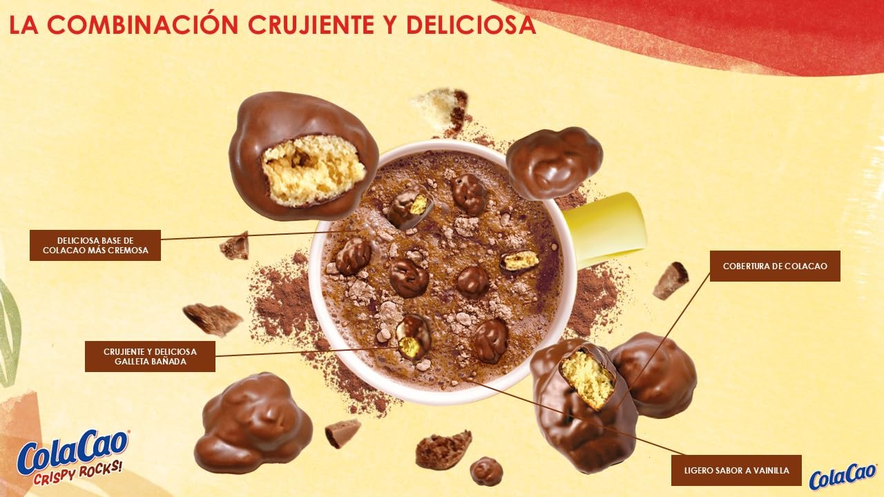 ColaCao Crispy Rocks, Cacao con Bolitas de Galleta Crujientes Recubiertas de Chocolate, 6 Sobres Individuales, 132 g