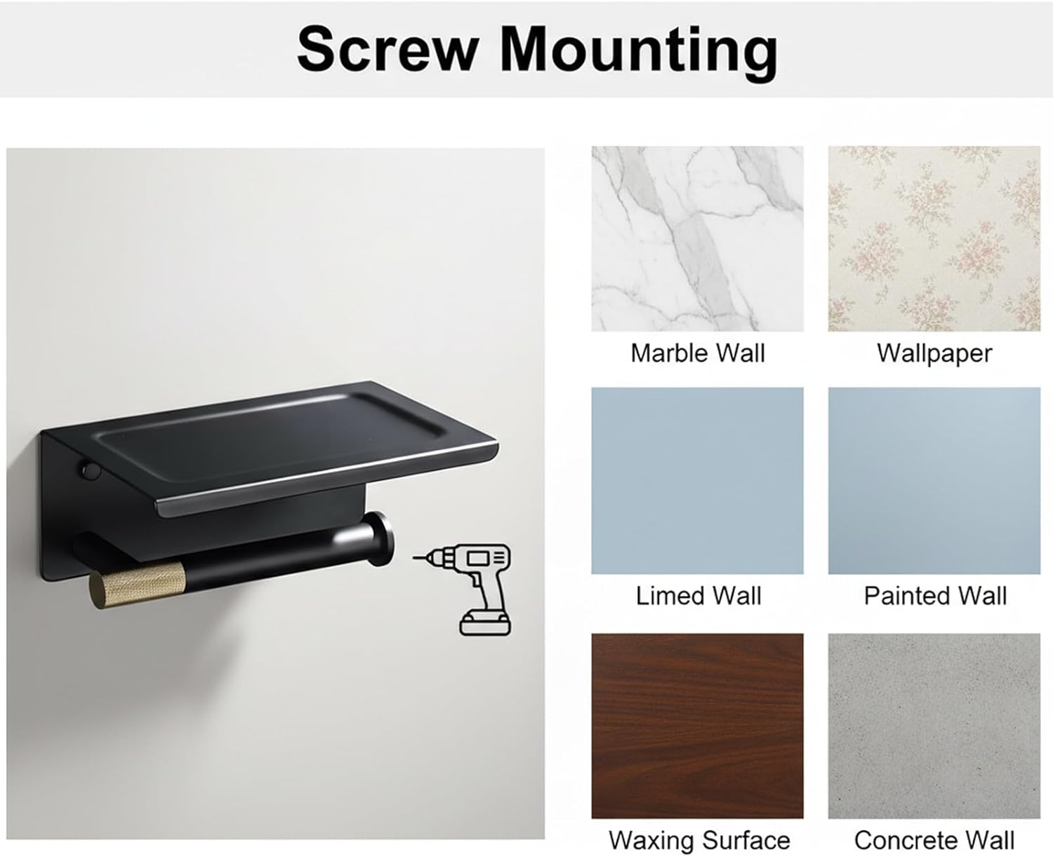 Toilet Paper Holder with Phone Shelf, Screw Wall Mount Toilet Tissue Roll Holder, Multifunctional Bathroom Storage Dispenser in Stainless Steel with Solid Brass Knurled Accents,(Matte Black & Gold