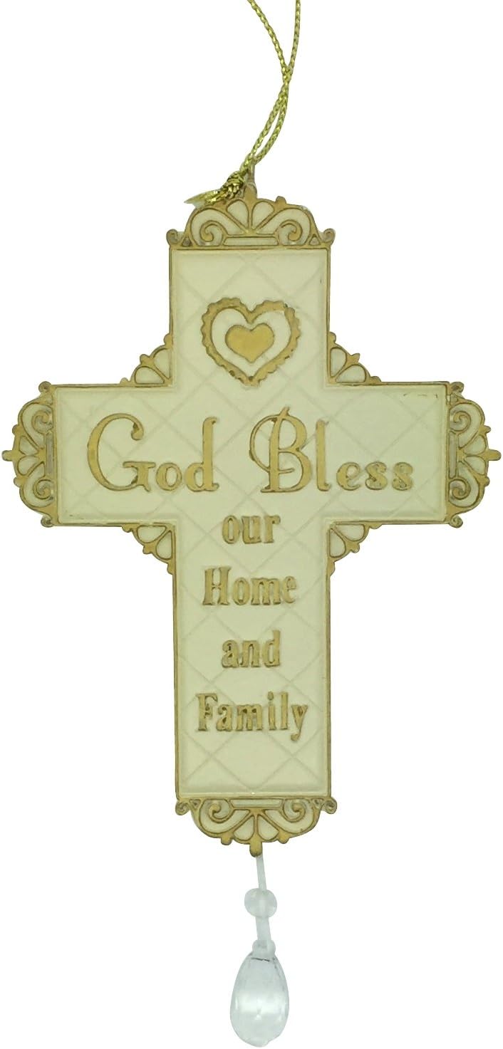 Christmas Cross God Bless Our Home and Family Resin Painted 5.5 Inch Ornament