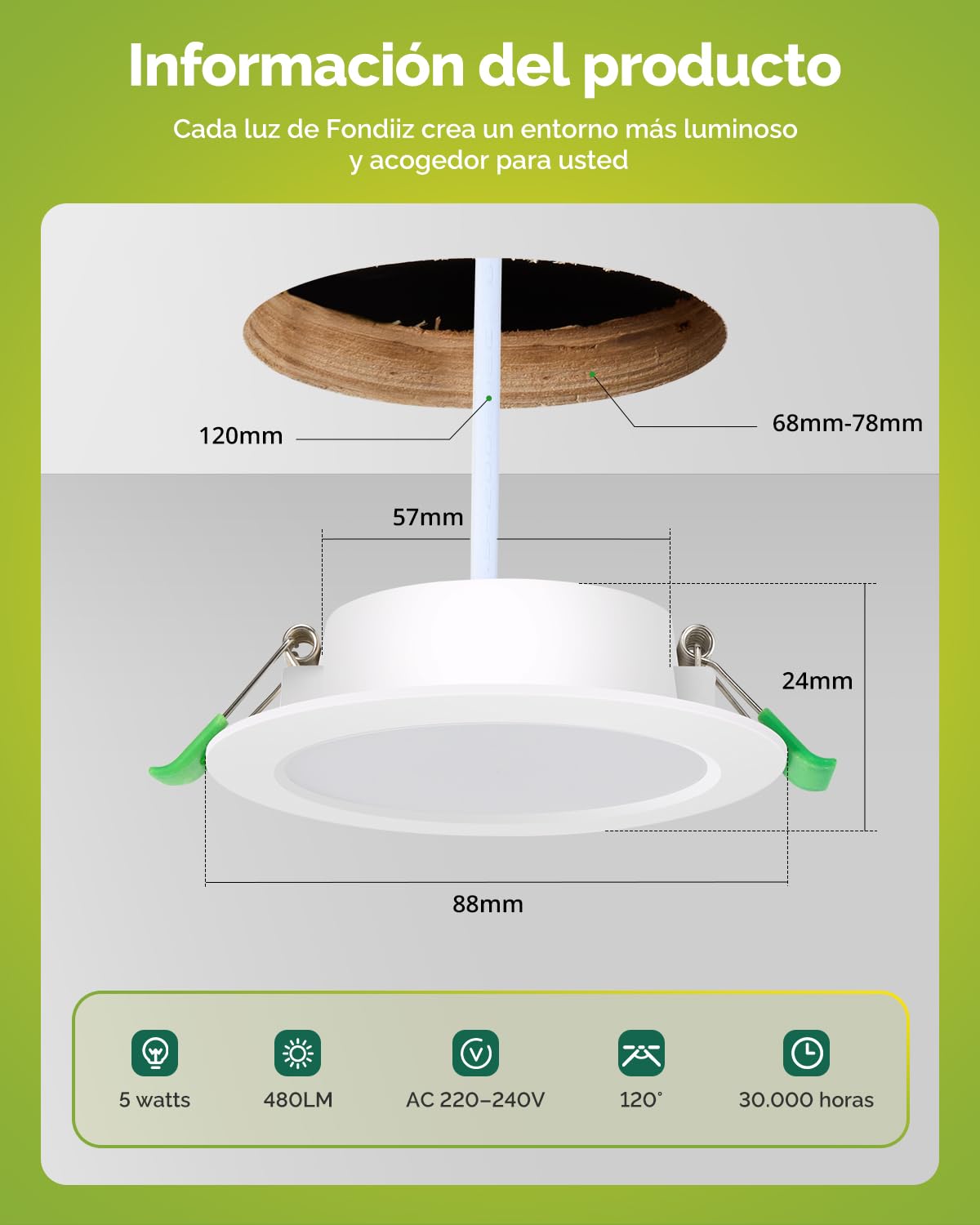 Fondiiz 20 Pack Focos LED Interior Techo Regulable, 5W Downlight LED Techo Empotrable Luz Calida Luz Neutra Luz Frío, Corte 68mm-78mm, Diámetro 88mm, IP44 ojos de buey led para techo baño