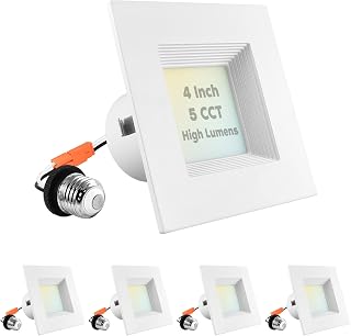 LUXRITE 4 Inch Square LED Recessed Can Lights, 14W=75W, 5 Color Options 2700K-5000K, 950 Lumens, Dimmable LED Retrofit Kit, Wet Rated, IC Rated, ETL Listed, Baffle Trim (4 Pack)