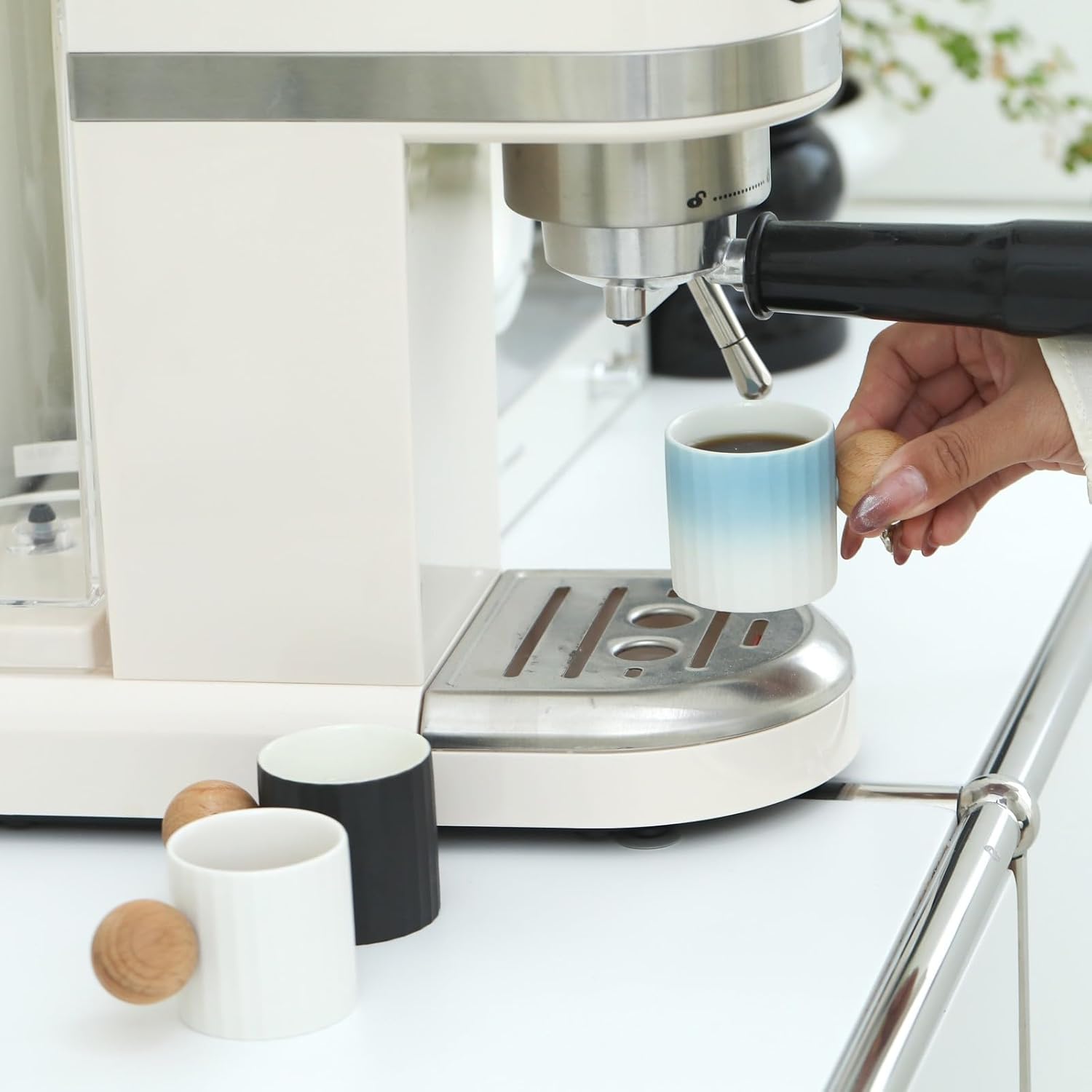 Ceramic Espresso Cups Set of 2, 2 oz Mini Espresso Cups, Round Wooden Handle Stripes Demitasse Cups for Tea or Coffee (4, White) - Image 7