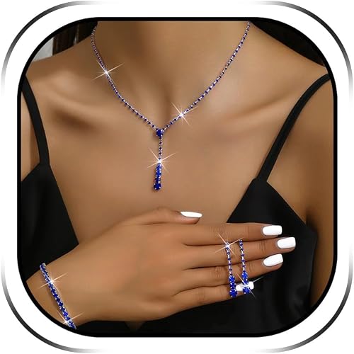 HUASAI Wedding Jewelry Sets for Brides Blue Necklace and Earrings Set Rhinestone