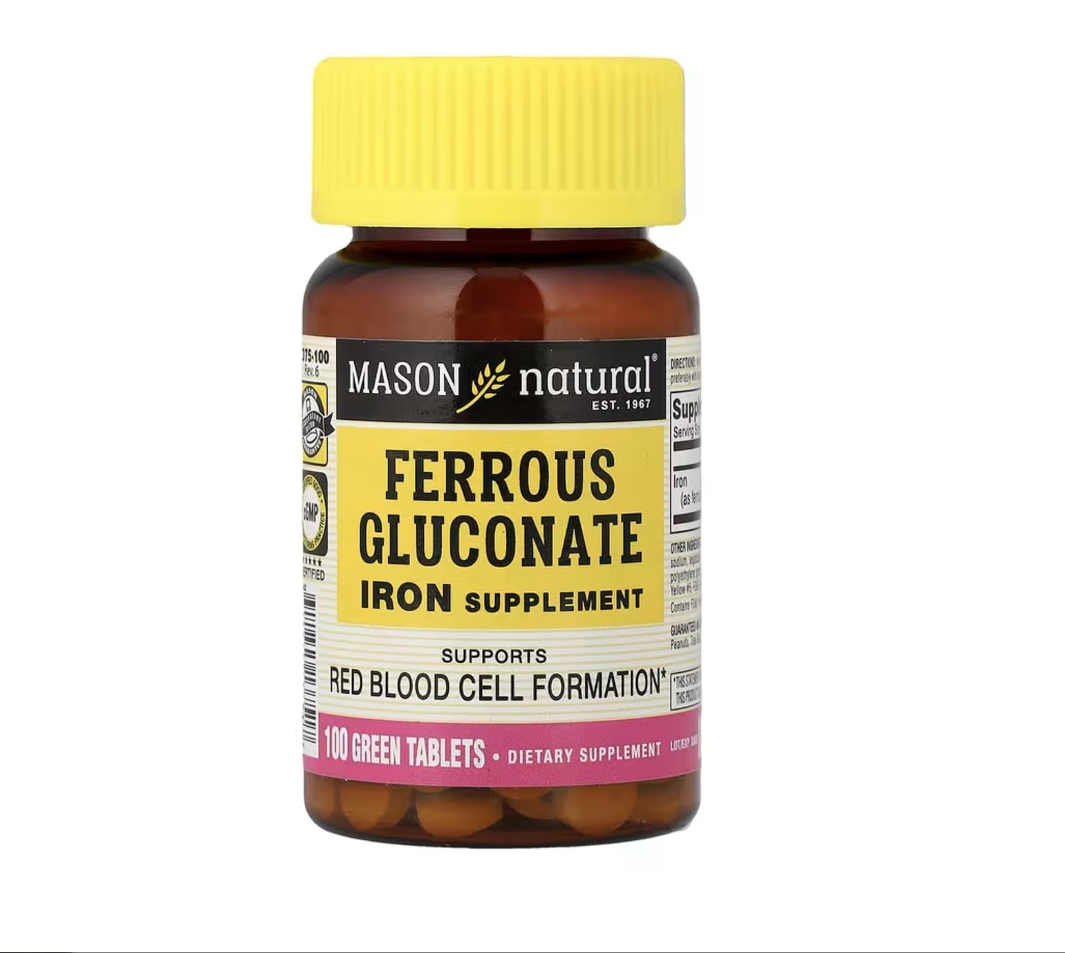 Mason Natural Ferrous Gluconate - Supports Red Blood Cell Formation, Gentle on Stomach Iron Supplement, 100 Tablets Unflavored 100 Count (Pack of 1)