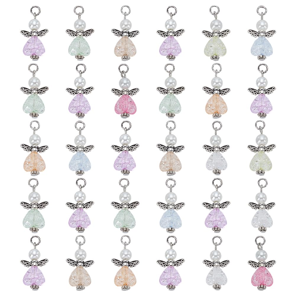 30pcs Angel Charms, Mixed Angel Wing Pendants Guardian Charms Heart Glass Bead for Jewelry Necklace Bracelet Earring Making DIY Craft Easter Decoration