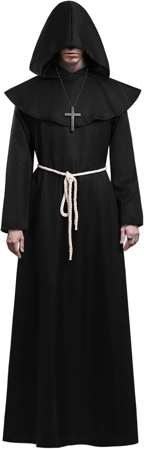 KONVINIT Medieval Fraile Túnica Disfraz Monje con capucha Disfraces de Monje Sacerdote disfraz de monje hombre para Halloween Disfraz Cosplay