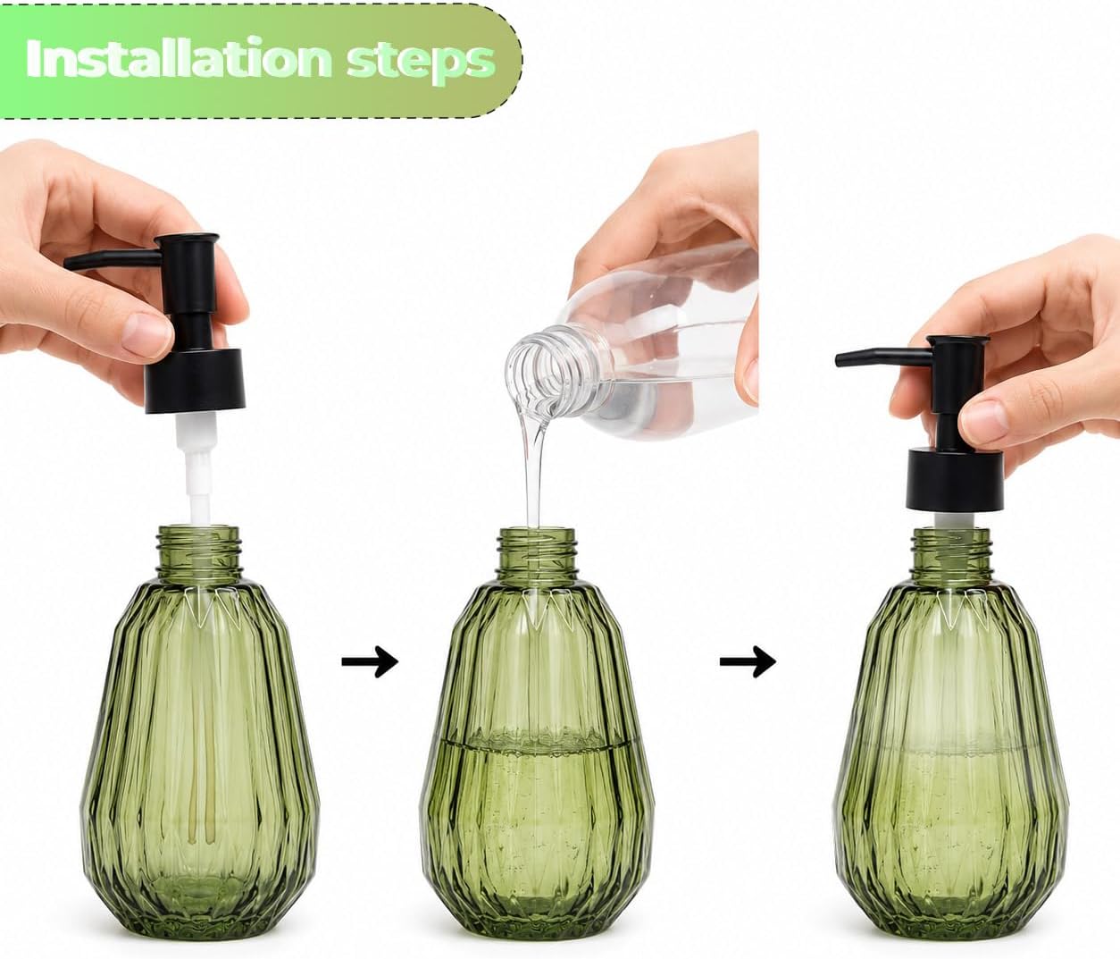 10oz Vintage Countertop Green Glass Soap Dispenser with Black Plastic Pump
