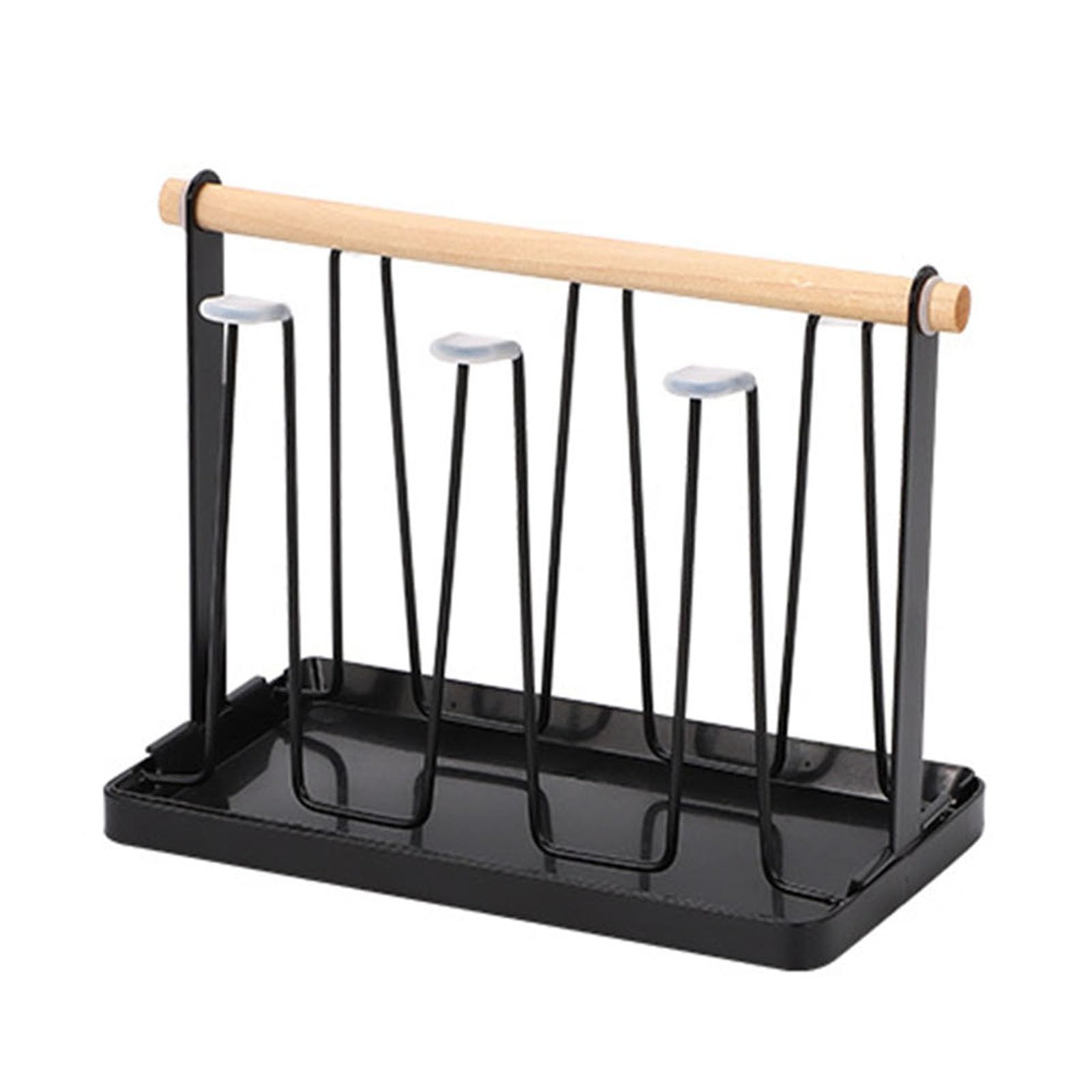 Glifora Iron Cup Drying Rack with Wood Handle and Drip Tray - Bottle Dryer Holder, Space-Saving Countertop Organiser for Mugs and Glasses, Kitchen Countertop Organisation