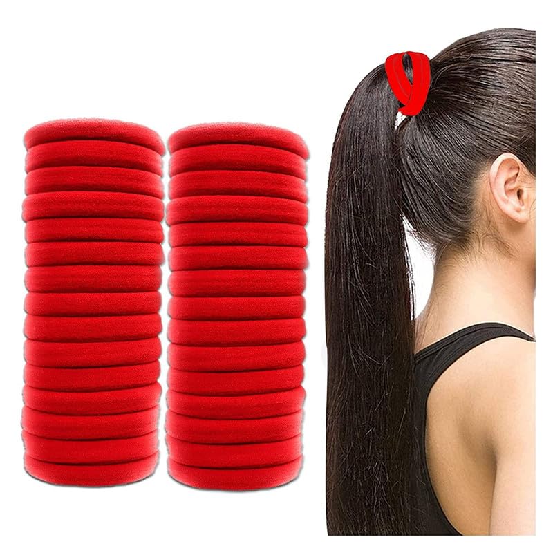 Elina 60 Red Elastic Ponytail Holder Hair Rubber Ties Head Bands Soft Cotton Thick Thin Hair Wear for School Girls, Kids, Women Accessories (Pack of 60)(Red)