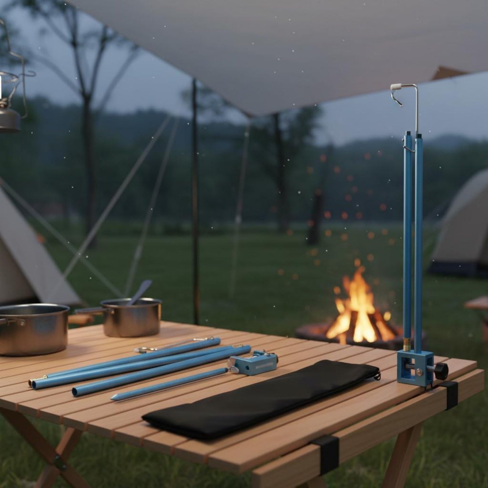 Supporto Lampada Esterno Palo Luce Campo Campeggio Alluminio Accessorio Portatile Pieghevole Regolabile con Ganci Adatto per Campeggio Picnic Viaggi Escursioni Pesca , Blu , Doppio Gancio
