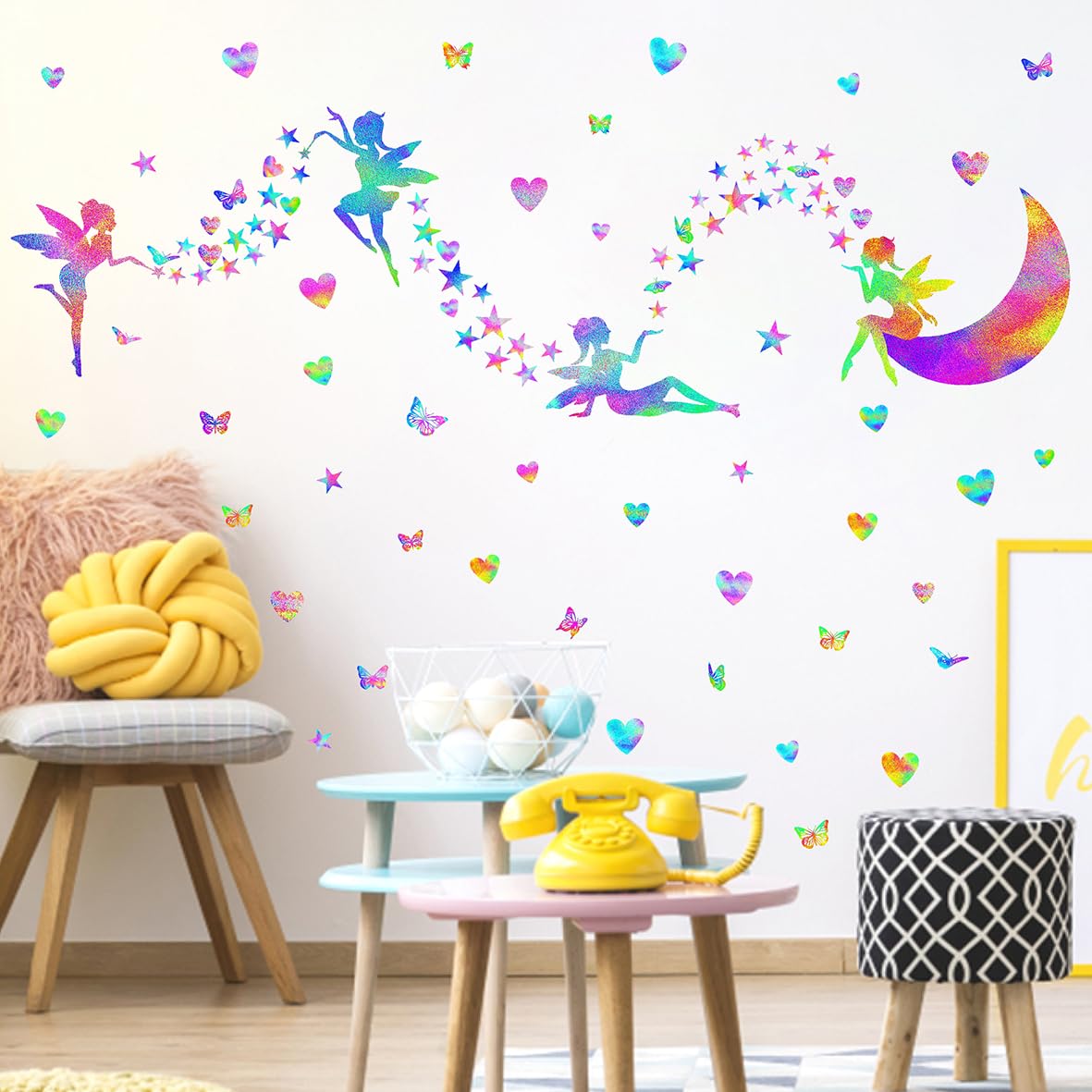 MOSITU 170 Pcs Colourful Fairy Wall Stickers Cute Heart Butterfly Star Moon Decals Magic Girly for Girls Bedroom Nursery Kids Room Decor