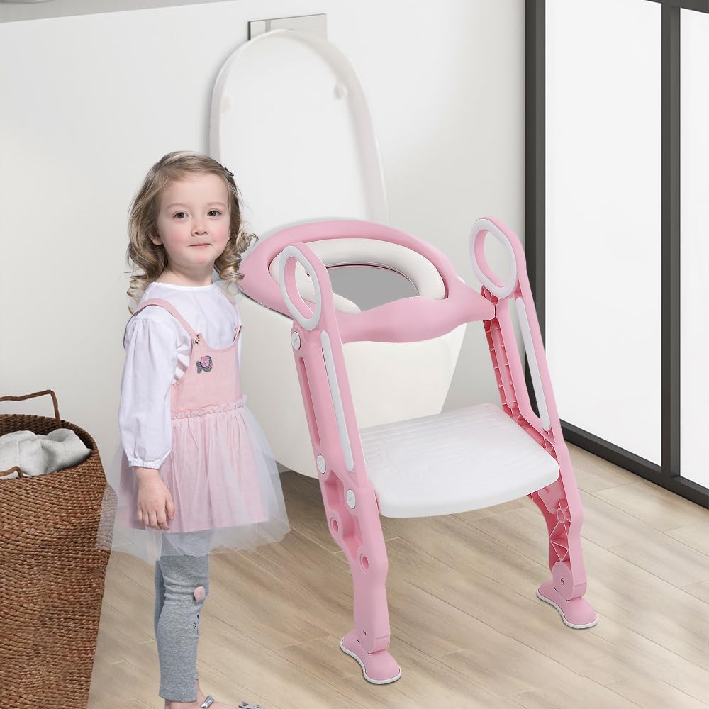Homewell Riduttore WC per bambini con scala, sedile WC per bambini per ragazze e ragazzi, pieghevole e regolabile, sgabello per scale, adatto per WC a forma di V, U, O