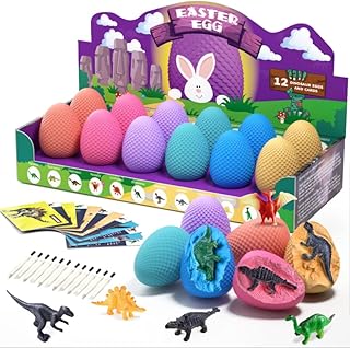 Dino Eggs Dig Kit Activity - 12 Colorful Easter Basket Stuffers with 12 Unique Dinosaurs - Dinosaur Eggs Excavation Science STEM Toy for Boys & Girls, Great Birthday/Easter/Classroom Gifts