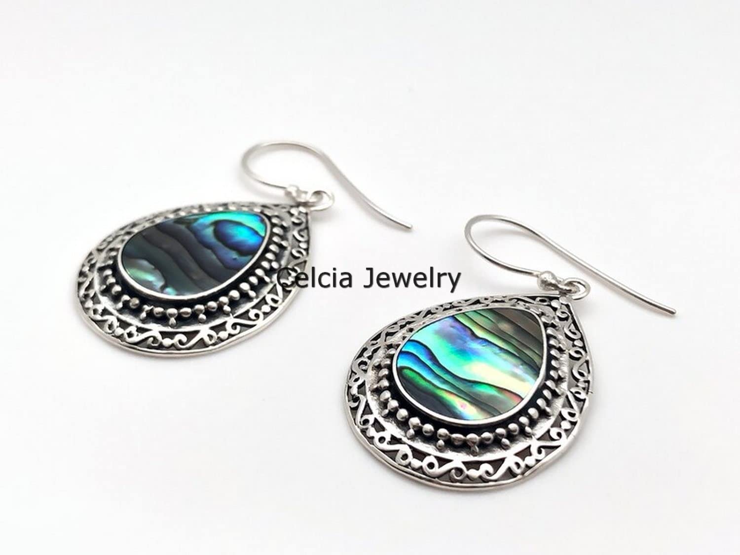 Pendientes colgantes de lágrima colgantes de plata esterlina 925 sólida para mujer, piedra preciosa de pera plana de concha de abulón genuina Pendientes de diseño increíbles para ella