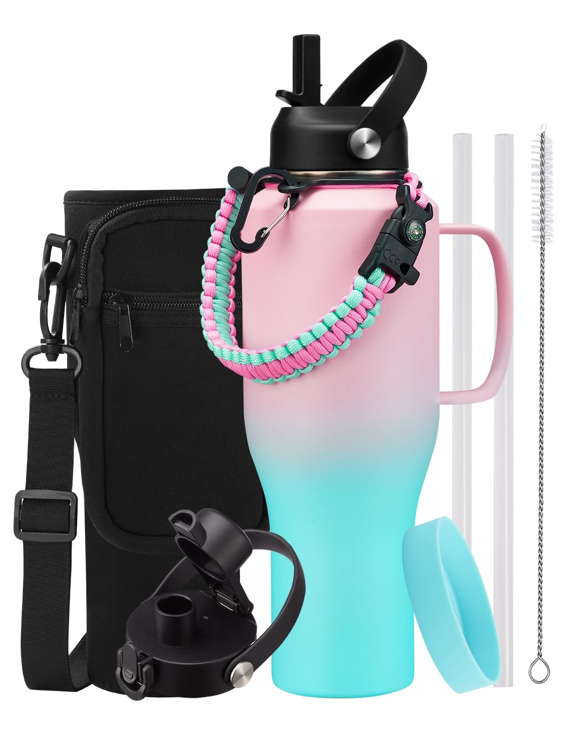 Vaso de 40 onzas con asa, botella de agua aislada con popote, tapa de boquilla automática, bolsa de transporte, asa de paracaídas y funda protectora, taza de café de viaje, termo para