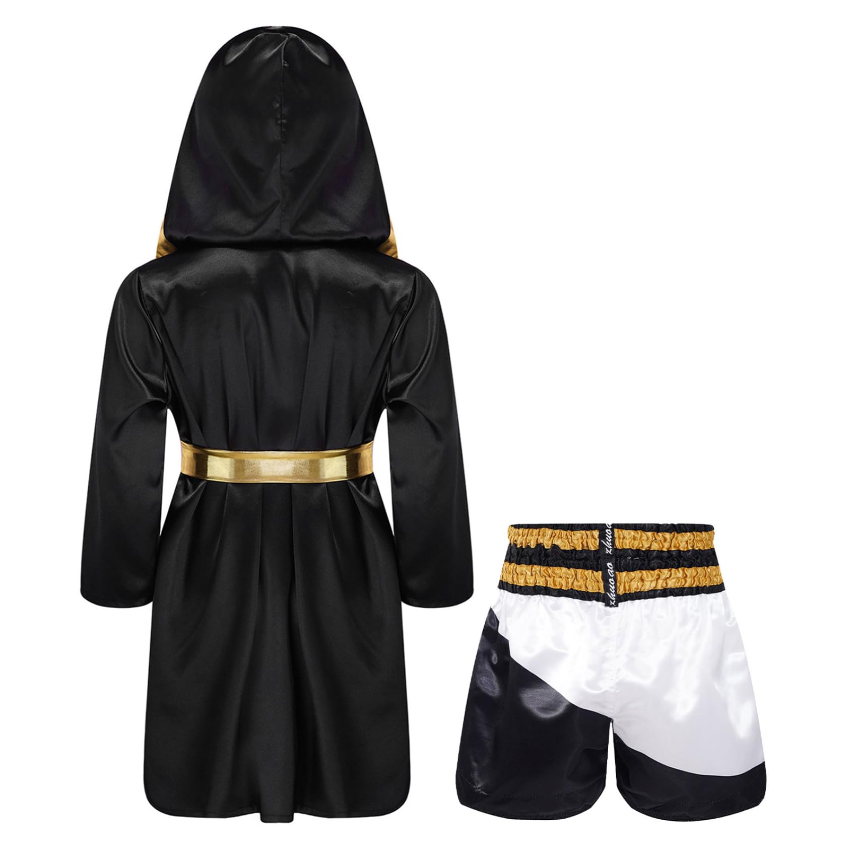 Kickboxer, maillot de kickboxer, en satin, avec short, ceinture, peignoir à capuche, robe de boxe