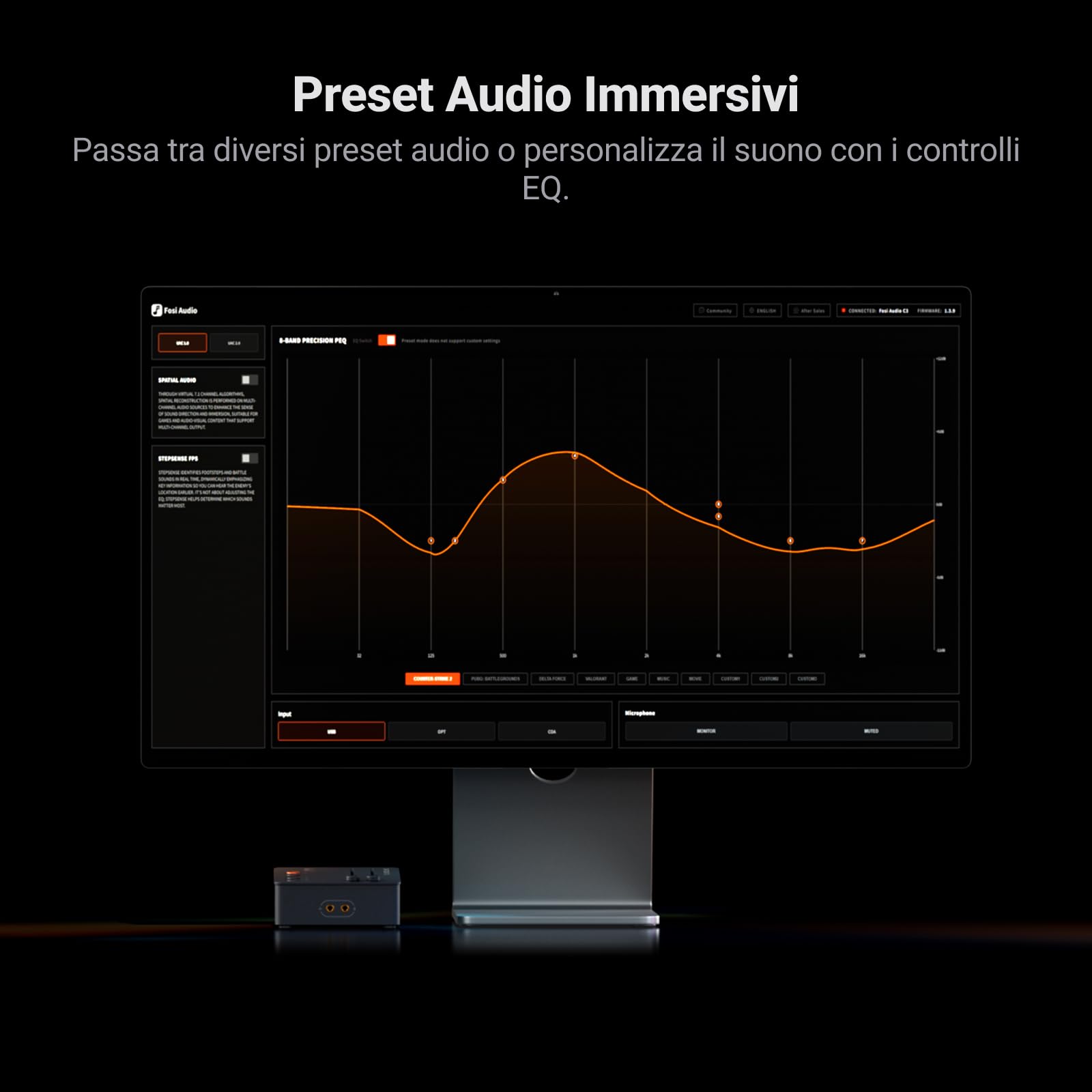 Fosi Audio C3 Scheda Audio USB PC, Gaming DAC con Audio Surround 7.1, Scheda Audio Esterna con XMOS XU316 e CS43131, Microfono Noise Cancelling per FPS, PS5, Switch, Laptop, Mac, Nero