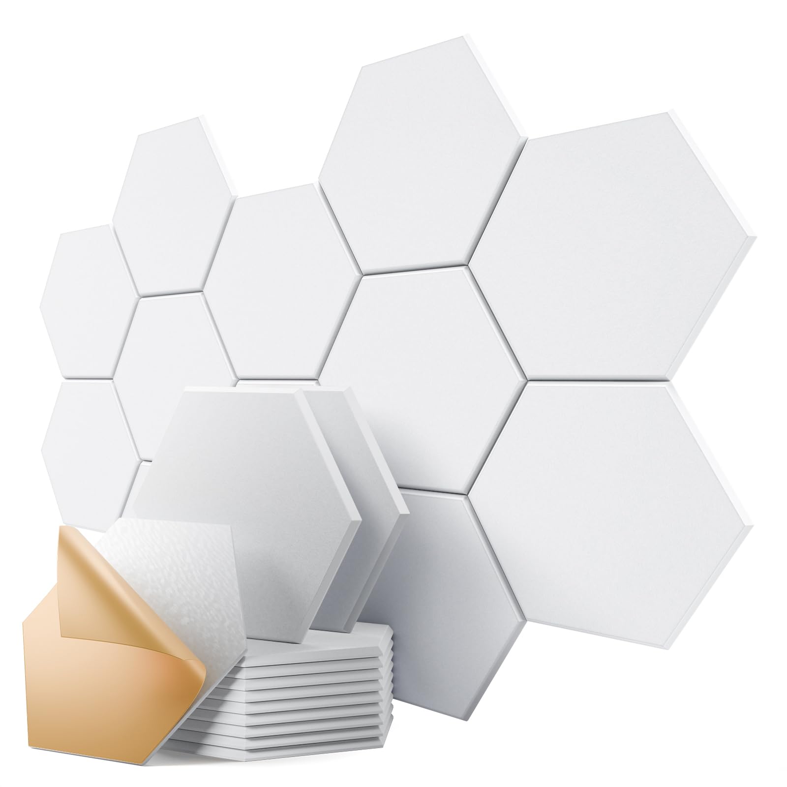 12 Pack Self-Adhesive Acoustic Panels 12" X 10" X 0.4" - Sound Proof Foam Panels for Walls, Stylish Hexagonal Design, Flame Resistant, Absorb Noise and Eliminate Echoes(Pure White)