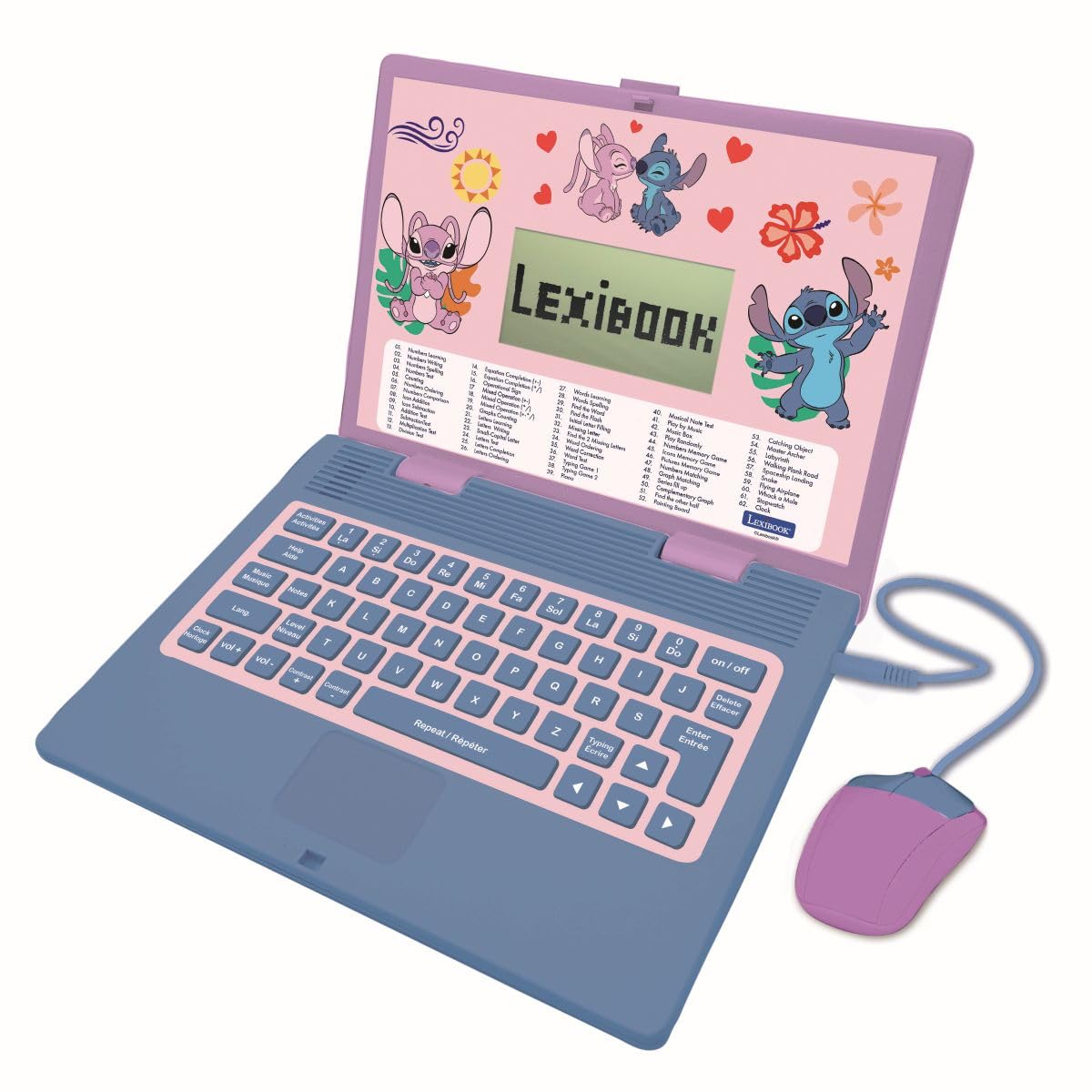Lexibook, Disney Stitch, Dwujęzyczny Laptop Edukacyjny, 124 Aktywności (Angielski i Francuski), Ekran 2.8’’, Prawdziwa Klawiatura i Mysz, Nauka i Gry, Różowy i Niebieski, JC498DI1