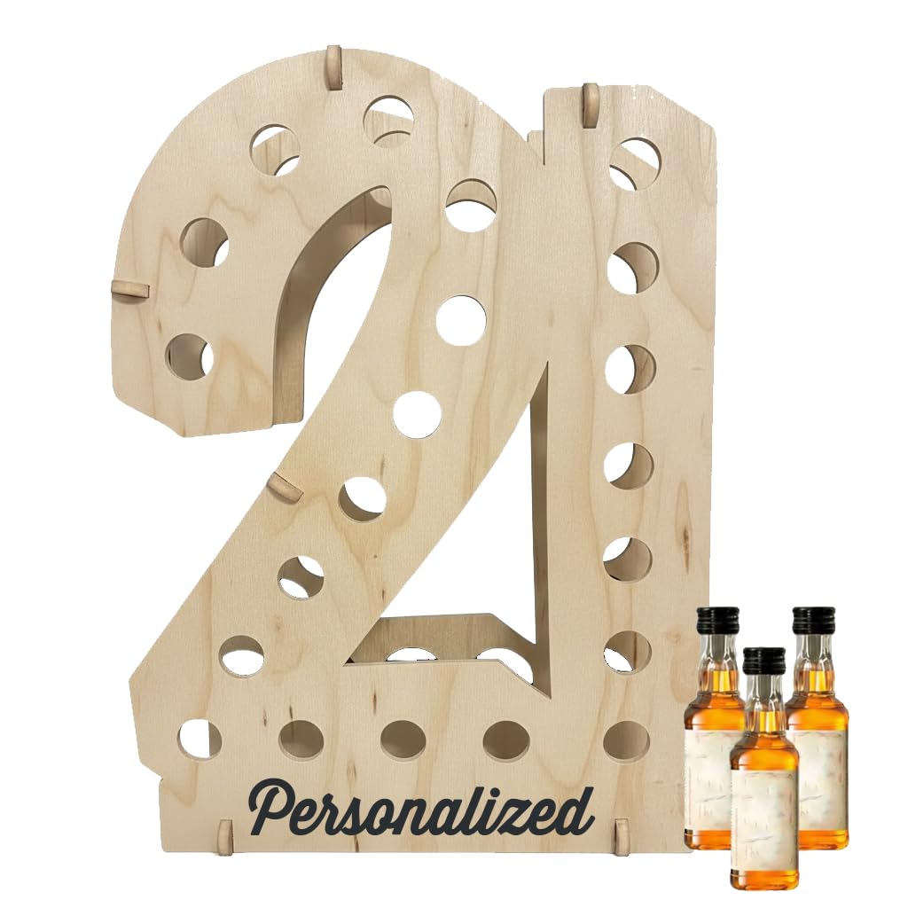 Lumber Reveal USA | Natural Wood Personalized Mini Liquor Bottle Display | 21st Birthday Decorations | Holds 21 Shooter Bottles | Unique 21st Birthday Gifts | 4 Colors | Glam Finish Options