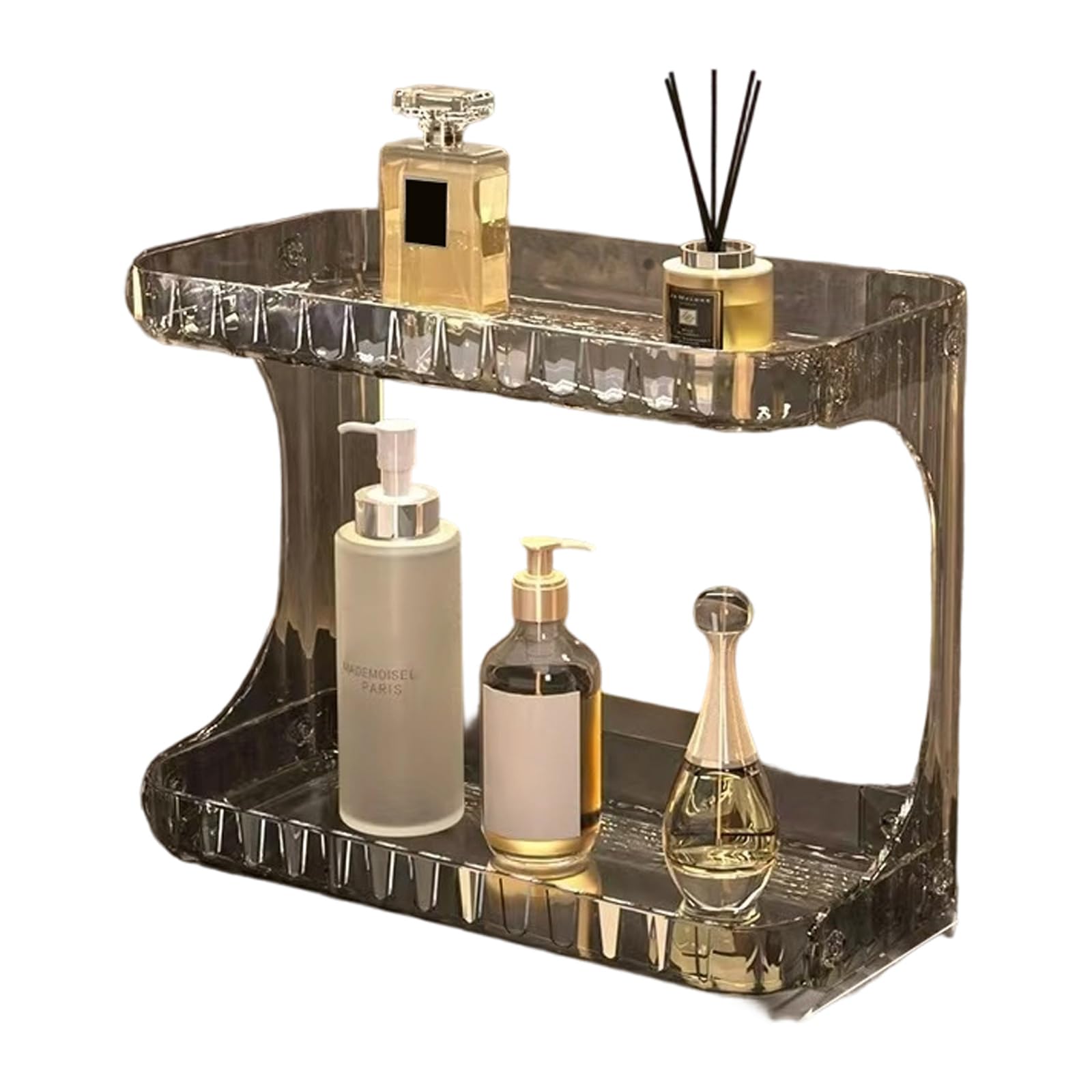 Spacious Double Deck Organizers Spacing Accommodates Tall Bottles Sturdy Construction Ensures PET Durability Multipurpose Bathroom Shelf Organizers Double Layer Designs Elegant Appearance Fit