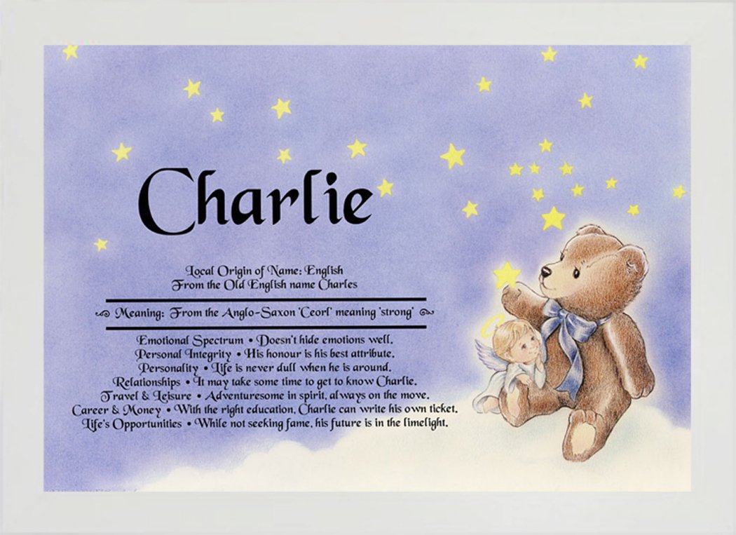 First Name Meaning Print - Boy Angel Design White Frame