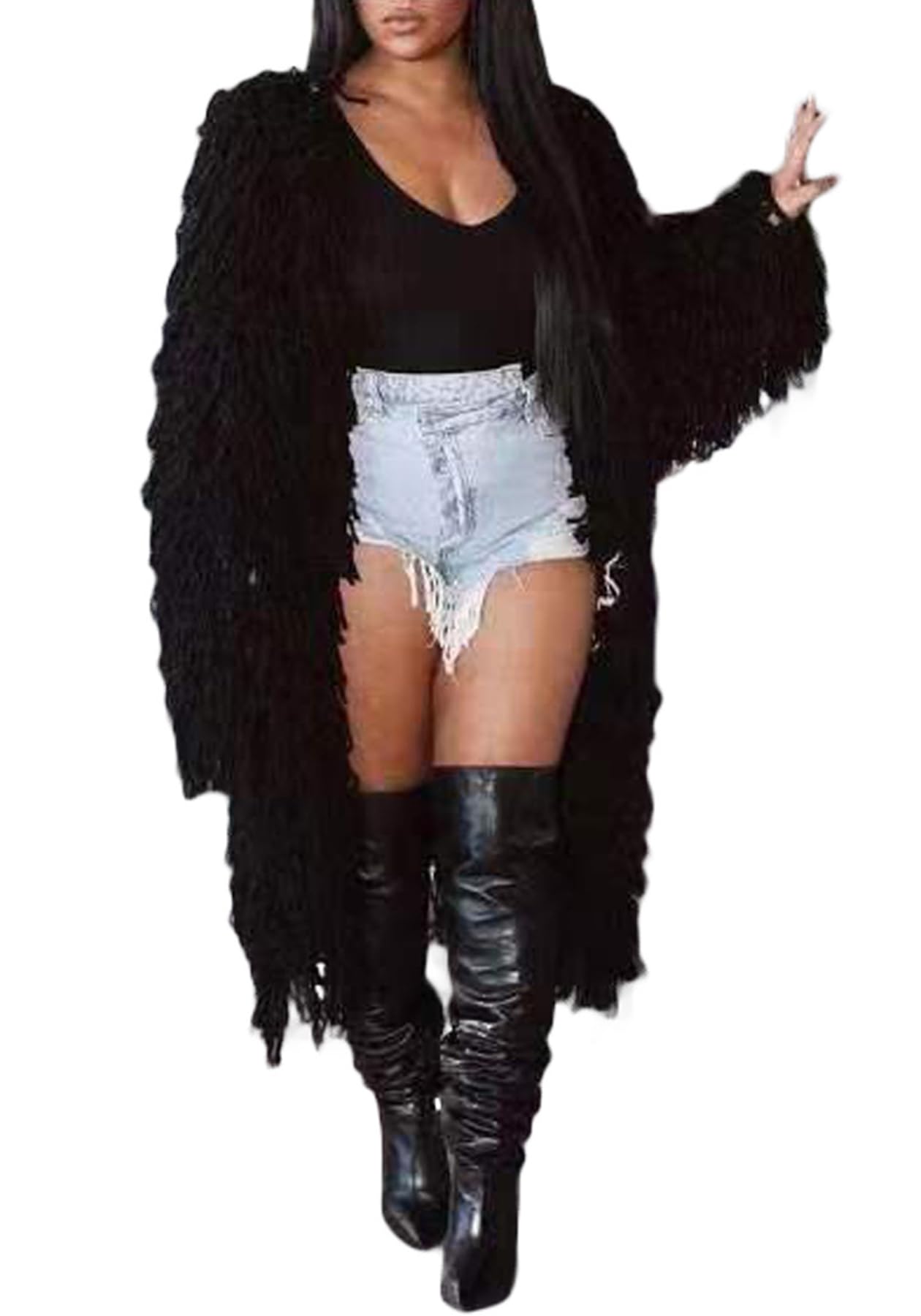 Tcremisa Womens Open Front Crochet Cardigans Long Sleeve Chunky Cable Knit Fringe Sweater Coats for Winter