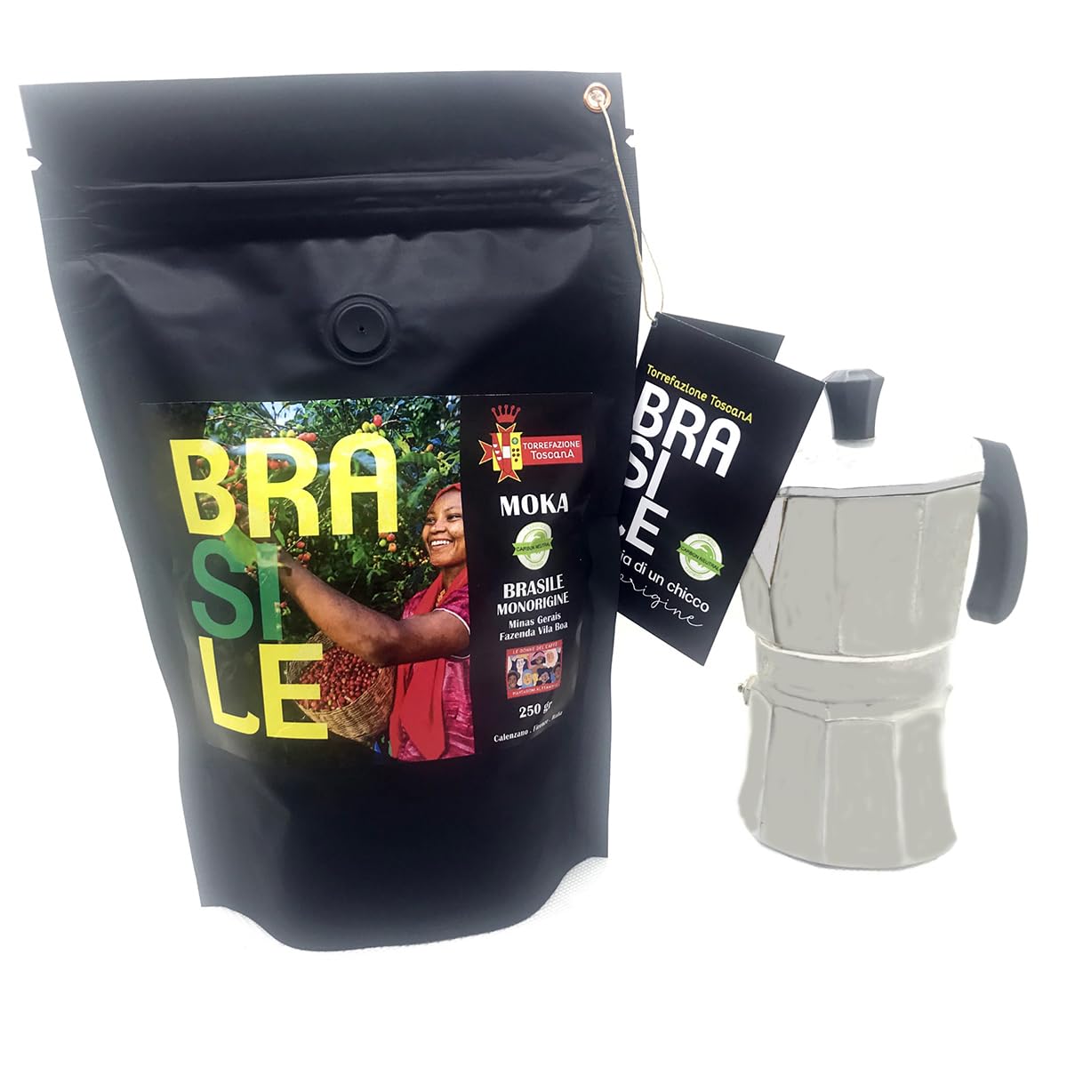 Caffe macinato per moka monorigine Brasile, 100% arabica, dolce, pack da 8 x 250 g, tostato medio
