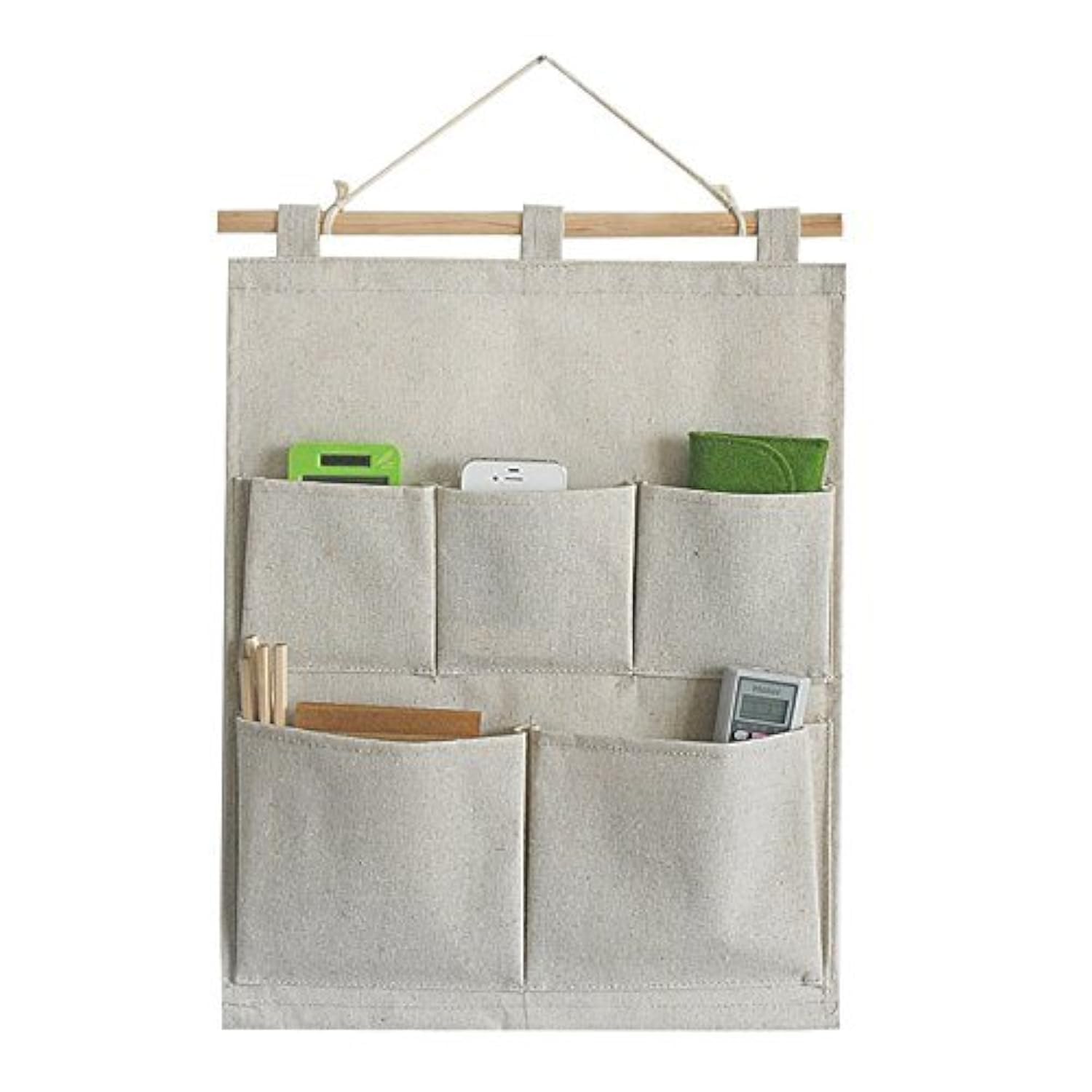 Chinshwehaw Washable Cotton Linen Hanging Organizer Bag - 2-Pack For Door, Wall, Bedside | Deep Blue Dots + Yellow Stripes, Space Saving Storage