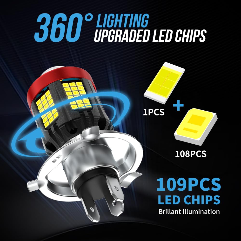 H4 LED Ampoule de phare de moto blanc, 2800 lm, luminosité 300% HB2 9003 H4, kit de conversion tout-en-un à faisceau haut/bas pour moto scooter 12-80V
