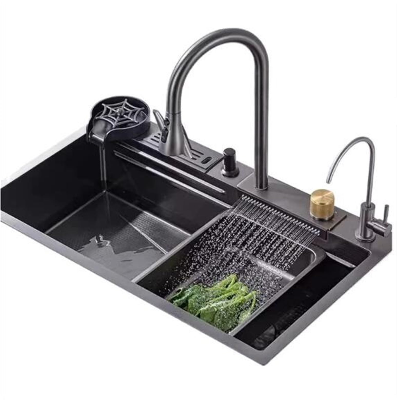 Fregadero de cocina de acero inoxidable duradero con grifo multifuncional integrado