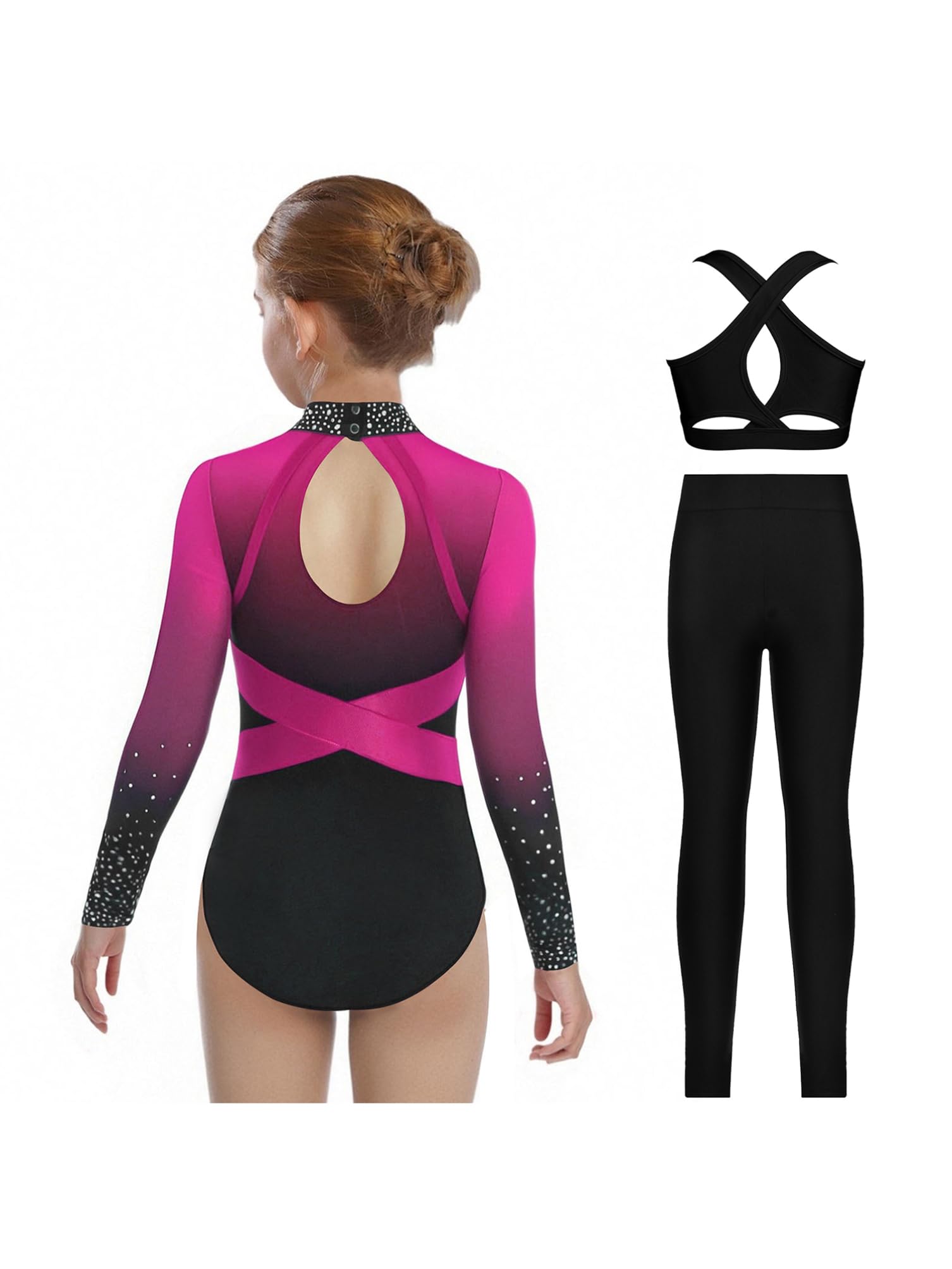 dPois Maillot De Gimnasia Deportiva para Niñas Leotardo Manga Larga con Leggings Largos Mono Deportivo Conjunto De Bailarina Actuación