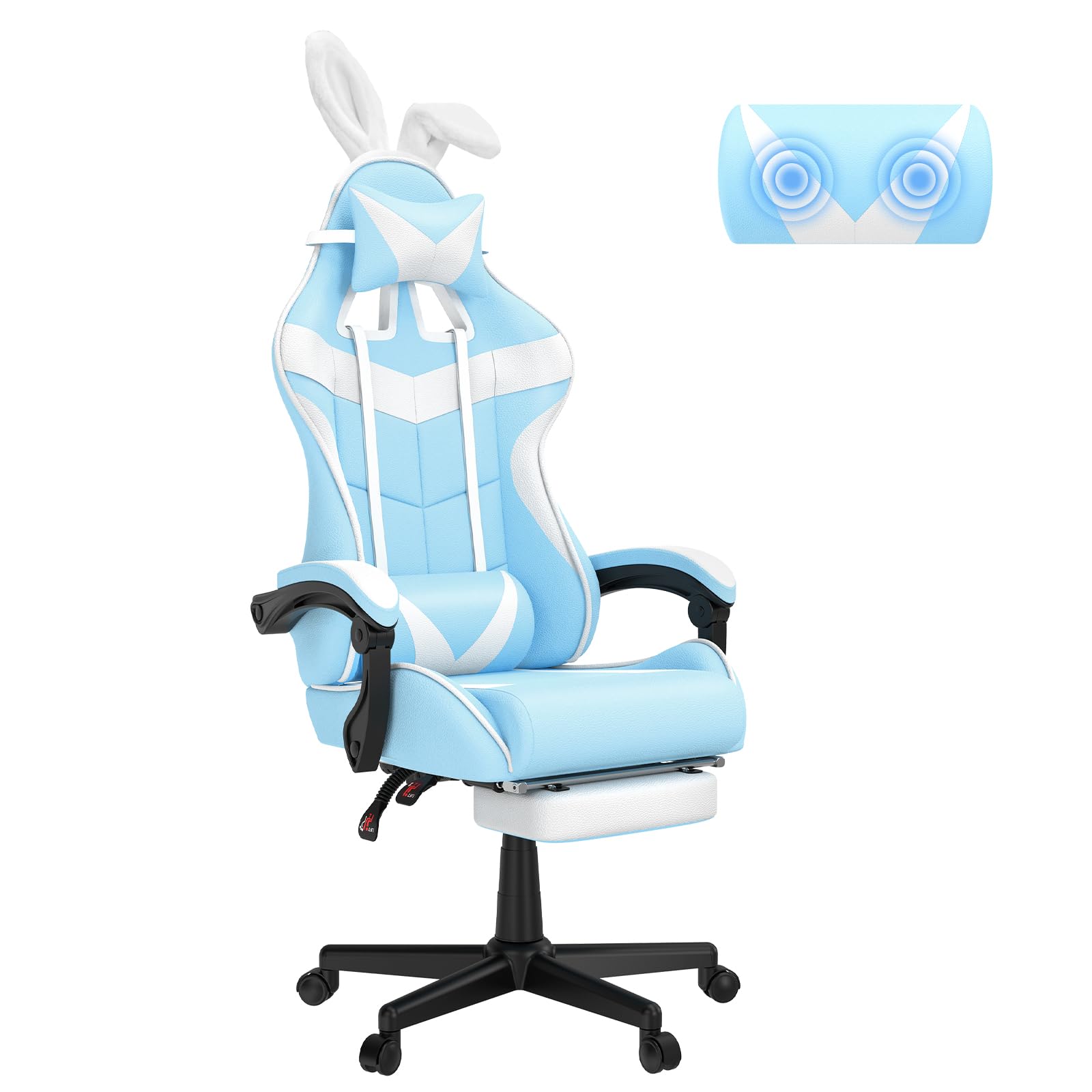 Soontrans Light Blue Gaming Chair with Footrest,Lovely Cute Bunny Computer Gamer Chair,Kawaii Desk Chair for Granddaughter,Sister,Girlfriend,Wife and Love
