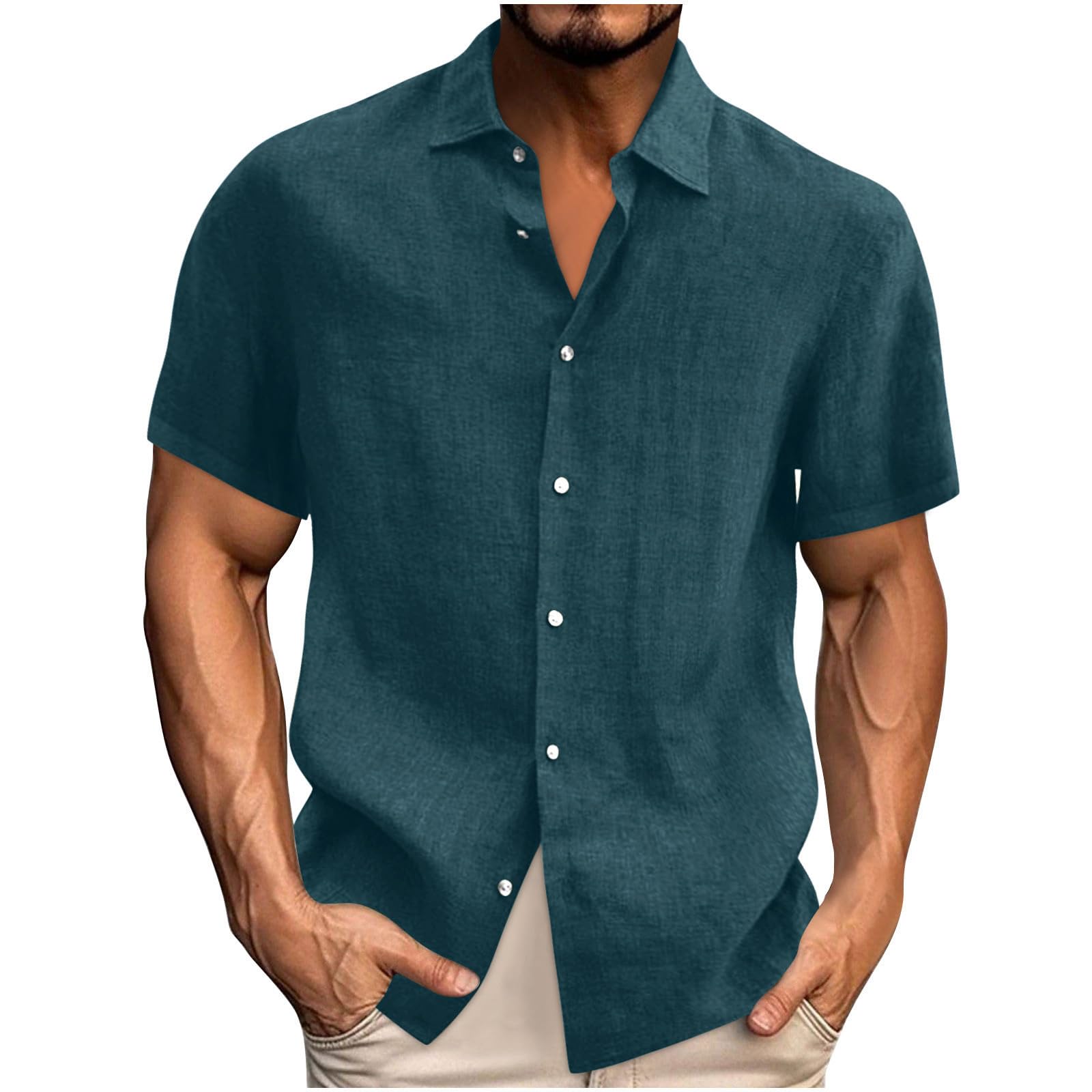 Mens Casual Stylish Short Sleeve Button-Up Striped Dress Shirt Cotton Beach Shirts Oversized Lapel Summer Tops