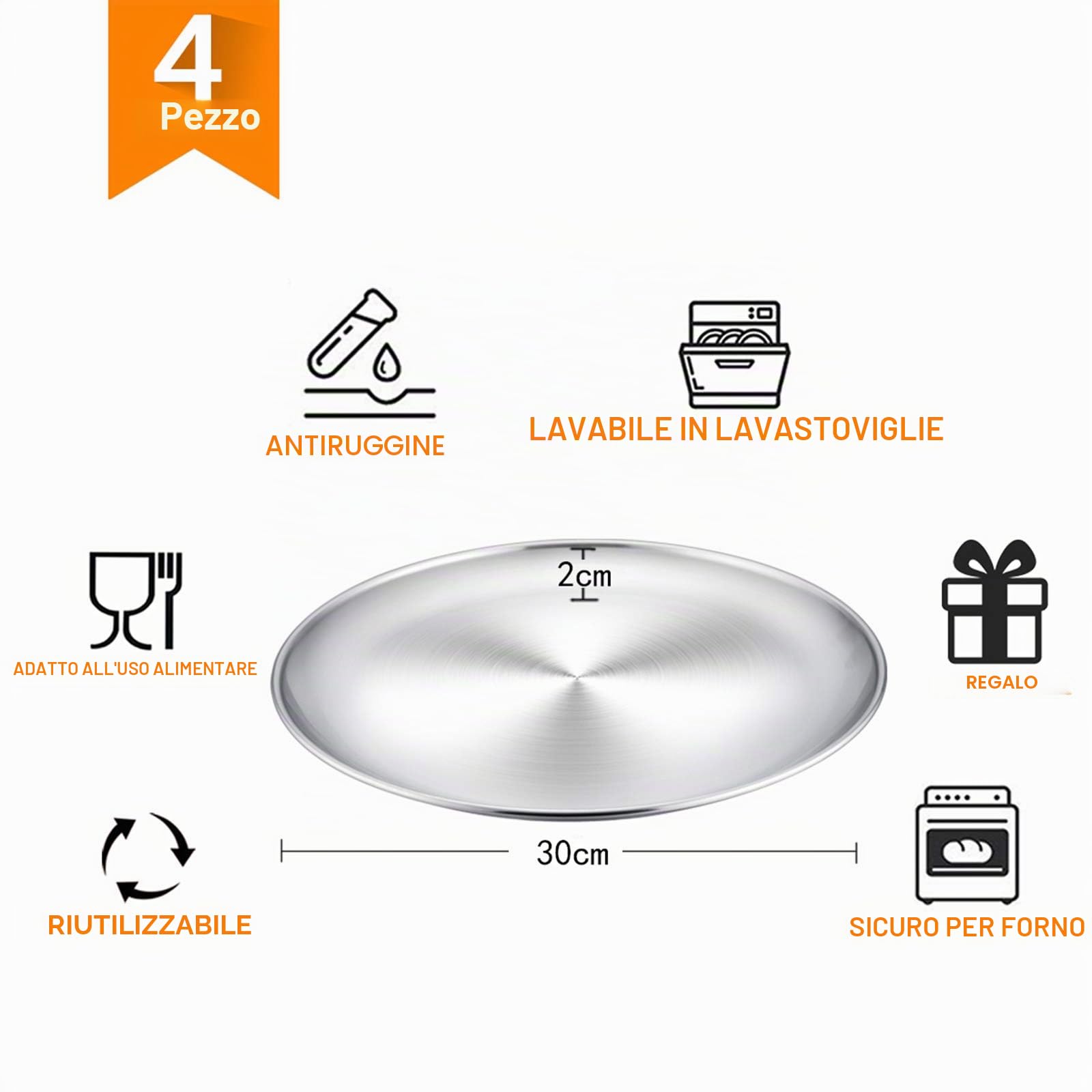 Teamfar - Set di 4 teglie per pizza, in acciaio inox, rotonde, per la cottura in forno, diametro di 29 cm, non tossiche e durevoli, facili da pulire e lavabili in lavastoviglie