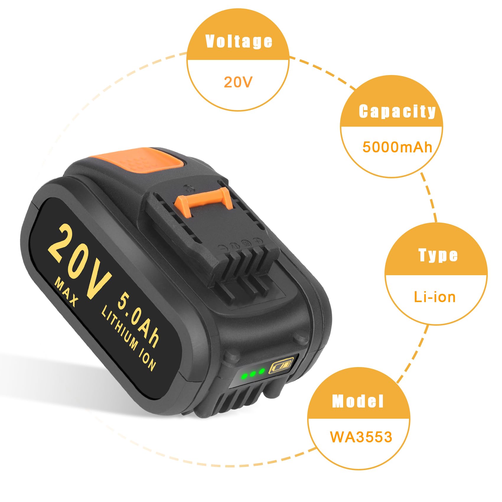 5000mAh Batteria Sostitutiva per Worx 20V WA3553 WA3551 WA3556 WA3551.1 WA3644 WA3572 WX390 WX176 WX178