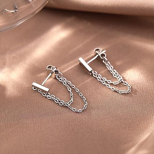 Miniatura 4 de Reffeer Solid 925 Sterling Silver Bar Tassel Chain Drop Earrings for Women Teens Bar Drop Earrings Minimalist Studs