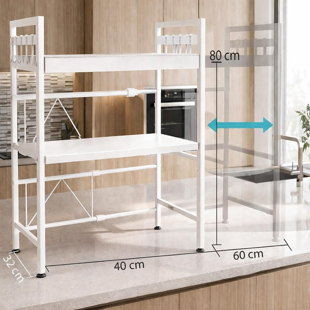 Shally Dogan Estante Extensible para microondas de Acero para Ahorrar Espacio, estantería Doble con 2 estantes para Especias, Mueble Organizador con Ganchos y Patas Antideslizantes, diseño Moderno
