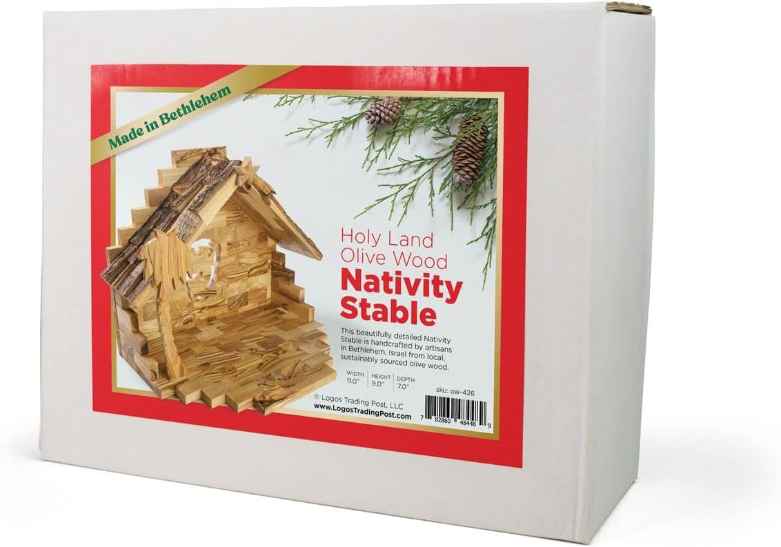 Olive Wood Nativity Set from Bethlehem - Intricately Hand Carved Wooden Nativity Set from the Holy Land with Large Bark Roof Stable, Manger & Figurines - Wood Nativity Scene Indoor Use for Christmas
