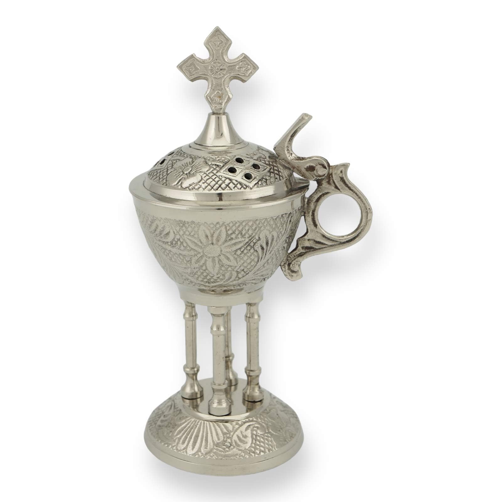 Brûleur d'encens en laiton nickelé de 16 cm avec croix chrétienne